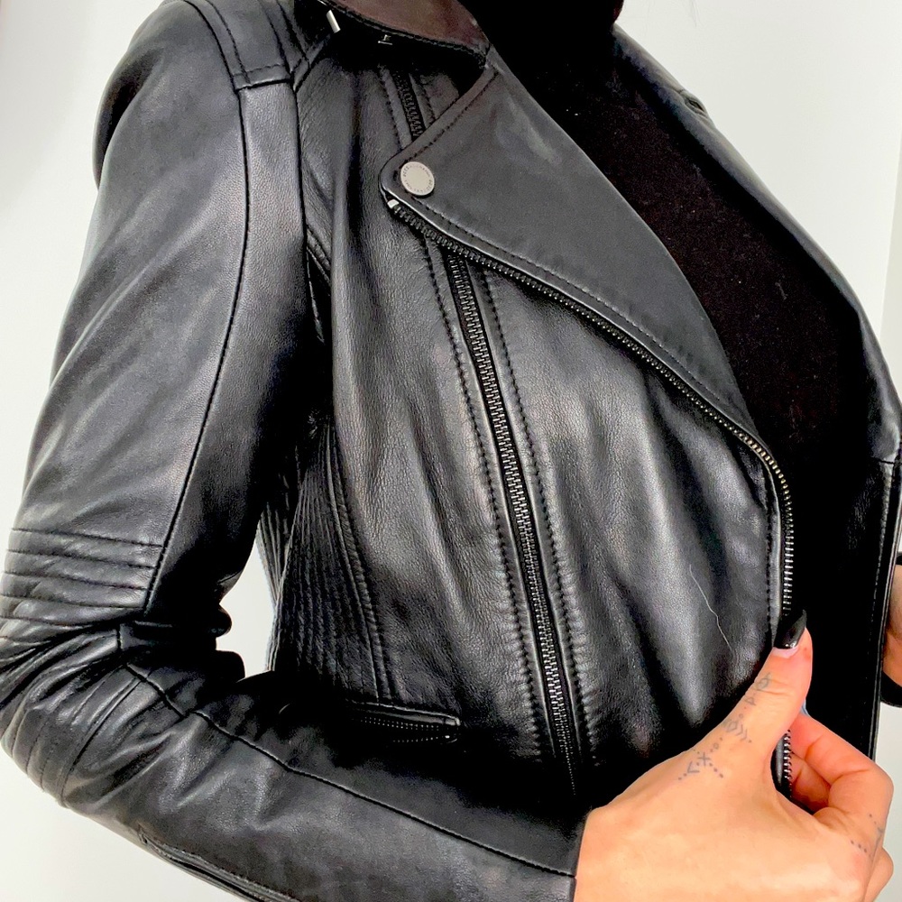 BCBG Max Azria Genuine Leather Black Asymmetrical Moto Jacket